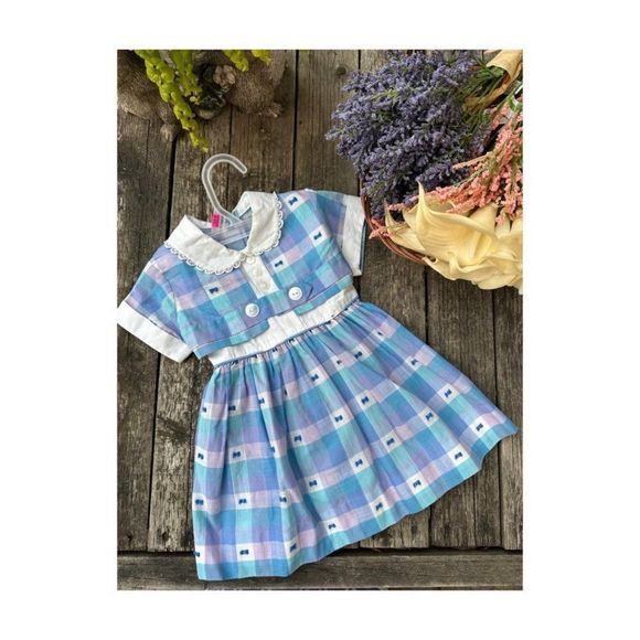 Vintage 50s Plaid Dress Pink Blue Attached Crop Jacket Cuffed 12-24M - Picture 1 of 9